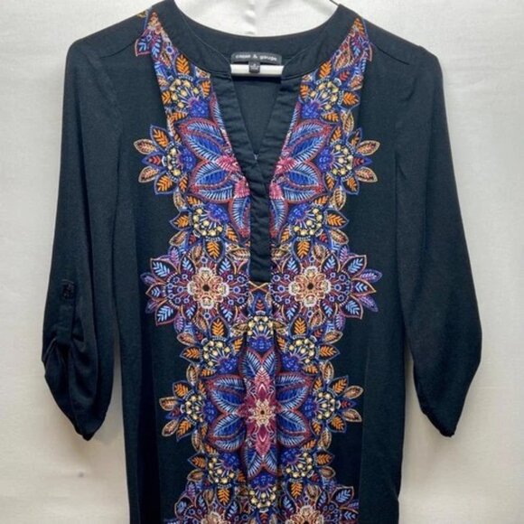 Cable & Gauge Long Tunic Women's Small Black Floral Print 3/4 Roll Tab Sleeves - Picture 2 of 11